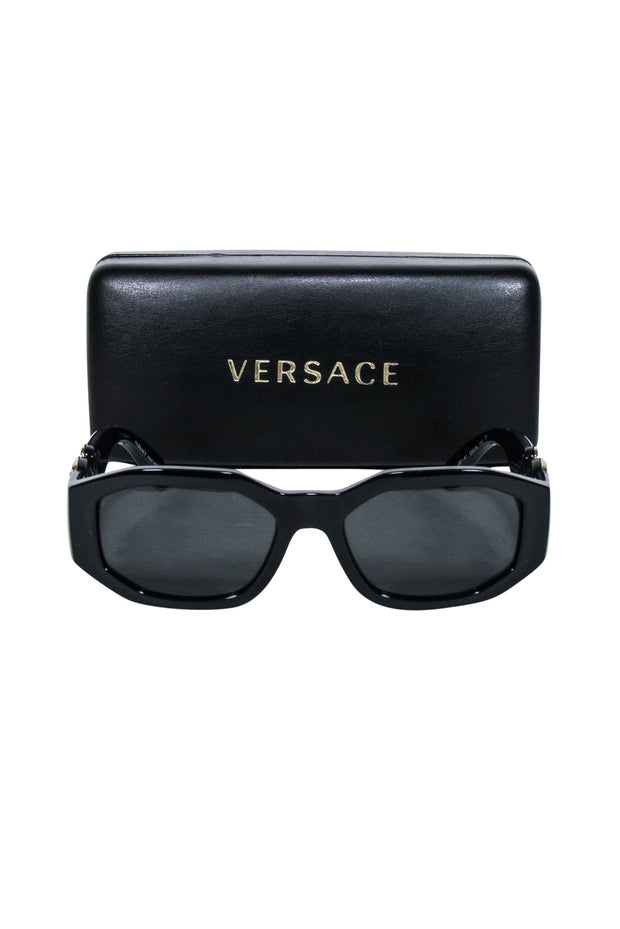 Current Boutique-Versace - Black Rectangular Sunglasses w/ Gold Logo Head Sides
