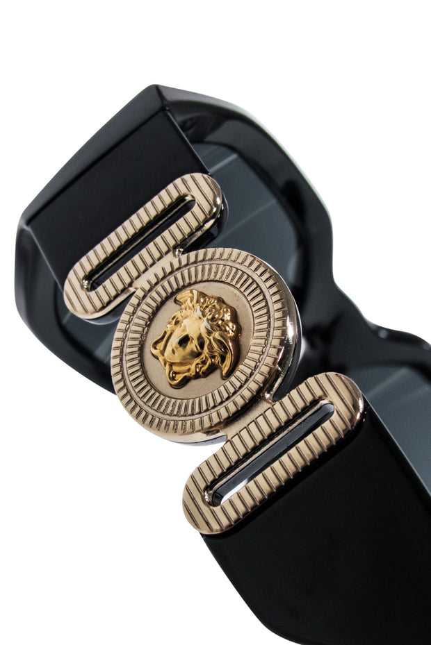 Current Boutique-Versace - Black Rectangular Sunglasses w/ Gold Logo Head Sides