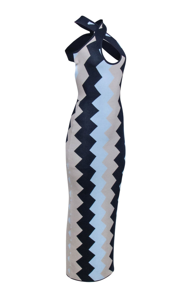 Current Boutique-Vetiver - Navy & Beige Zigzag "Rockaway" Cross Back Maxi Dress Sz M