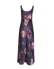 Current Boutique-Vince - Navy & Purple Floral Print Satin Midi Slip Dress Sz 2