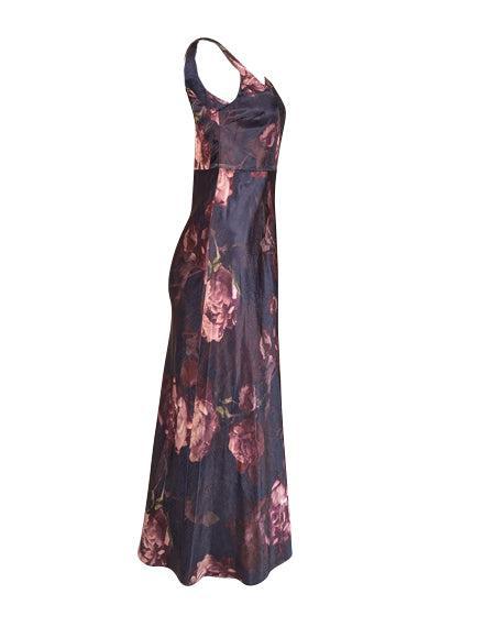 Current Boutique-Vince - Navy & Purple Floral Print Satin Midi Slip Dress Sz 2