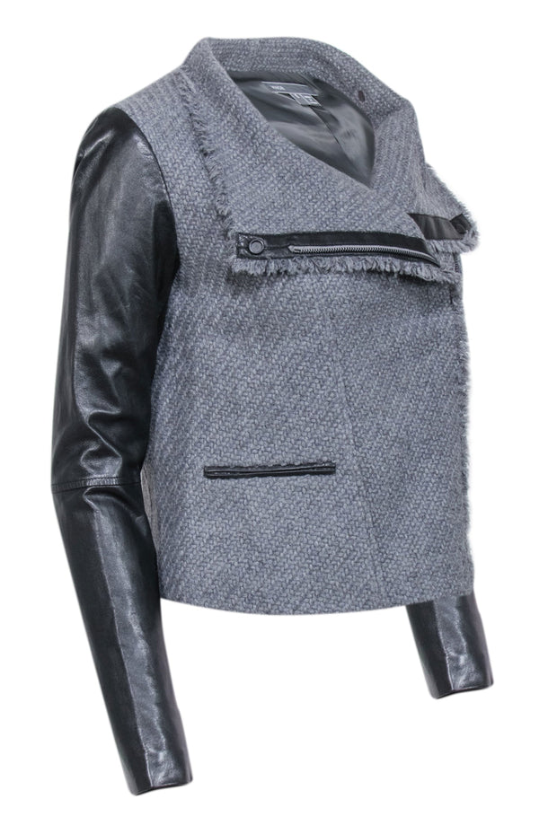 Current Boutique-Vince - Grey Wool Asymmetric Jacket w/ Leather Sleeves Sz S