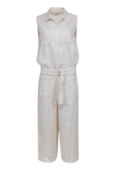 Current Boutique-Vince - Beige Linen Blend Sleeveless Button Front Jumpsuit Sz 10