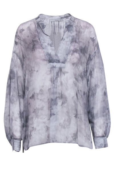 Current Boutique-Vince - Grey Tie-Dye Silk Semi-Sheer Blouse Sz M