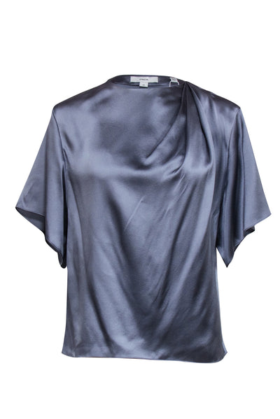 Current Boutique-Vince - Grey Silk Short Sleeve Ruched Neckline Blouse Sz S