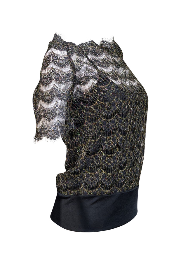 Current Boutique-Vivienne Tam - Black &amp; Gold Lace Short Sleeve Blouse Sz P