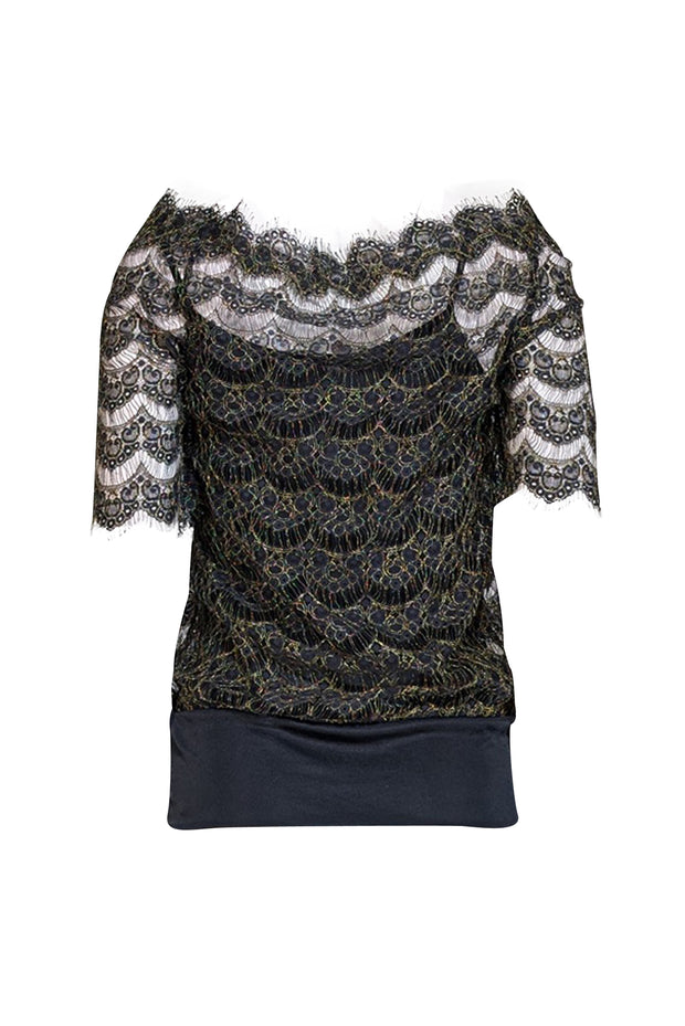 Current Boutique-Vivienne Tam - Black &amp; Gold Lace Short Sleeve Blouse Sz P