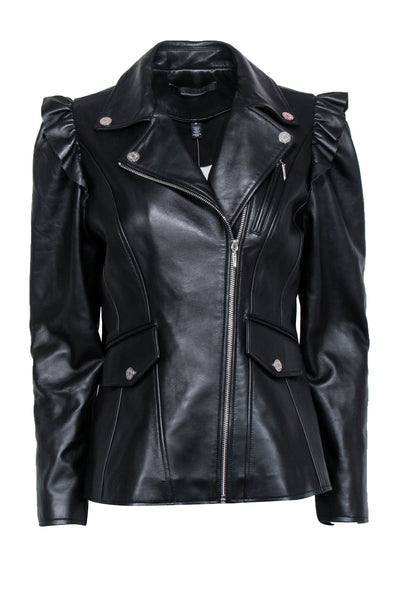 Current Boutique-White House Black Market - Black Leather Jacket w/ Ruffled Shoulder Sz M