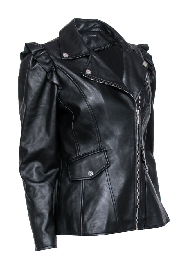 Current Boutique-White House Black Market - Black Leather Jacket w/ Ruffled Shoulder Sz M