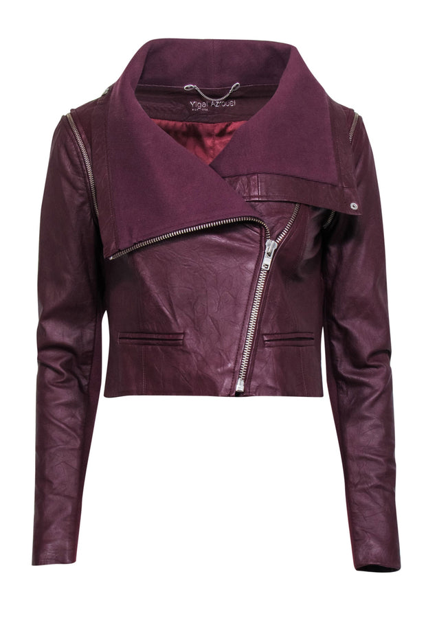 Current Boutique-Yigal Azrouel - Maroon Leather Moto Zip Jacket Sz 2