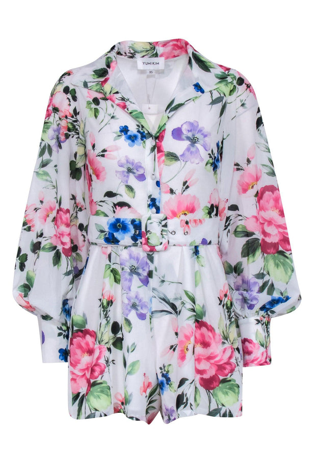Current Boutique-Yumi Kim - White w/ Multi Color Floral Print Long Sleeve Romper Sz XS