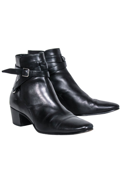 Current Boutique-Yves Saint Laurent - Black Leather Ankle Strap Boots Sz 8.5
