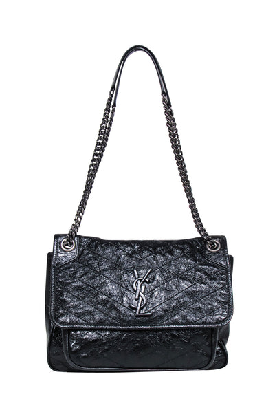 Current Boutique-Yves Saint Laurent - Black Patent Leather Chevron "Niki" Shoulder Bag