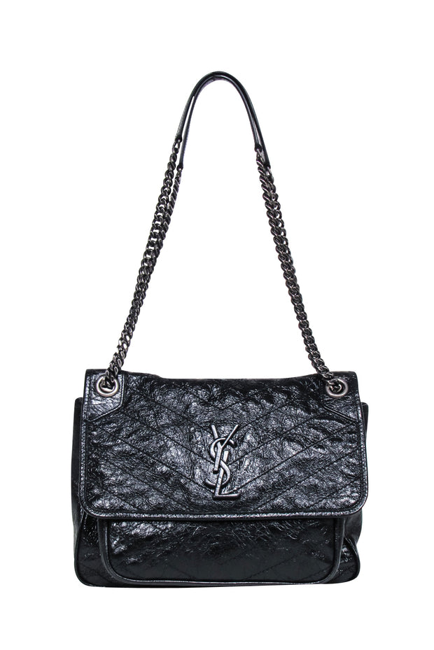 Current Boutique-Yves Saint Laurent - Black Patent Leather Chevron "Niki" Shoulder Bag
