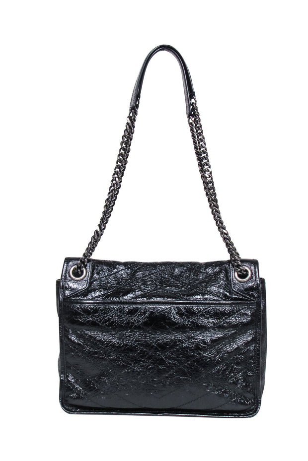 Current Boutique-Yves Saint Laurent - Black Patent Leather Chevron "Niki" Shoulder Bag