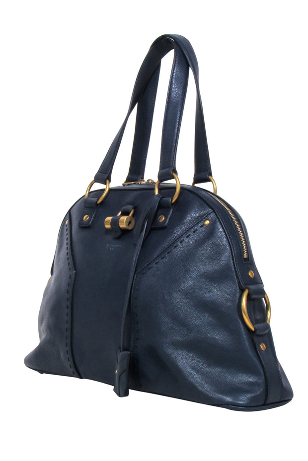 Current Boutique-Yves Saint Laurent - Navy Leather Barrel Handbag