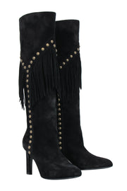 Current Boutique-Saint Laurent - Black Suede Fringe Boots w/ Brass Studs Sz 6.5