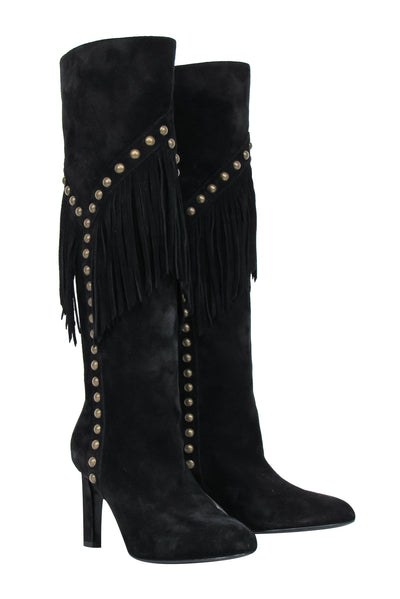Current Boutique-Saint Laurent - Black Suede Fringe Boots w/ Brass Studs Sz 6.5