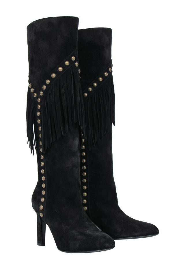 Current Boutique-Saint Laurent - Black Suede Fringe Boots w/ Brass Studs Sz 6.5