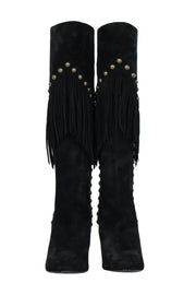 Current Boutique-Saint Laurent - Black Suede Fringe Boots w/ Brass Studs Sz 6.5