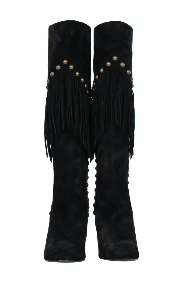 Current Boutique-Saint Laurent - Black Suede Fringe Boots w/ Brass Studs Sz 6.5