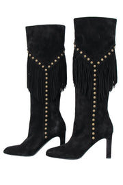 Current Boutique-Saint Laurent - Black Suede Fringe Boots w/ Brass Studs Sz 6.5