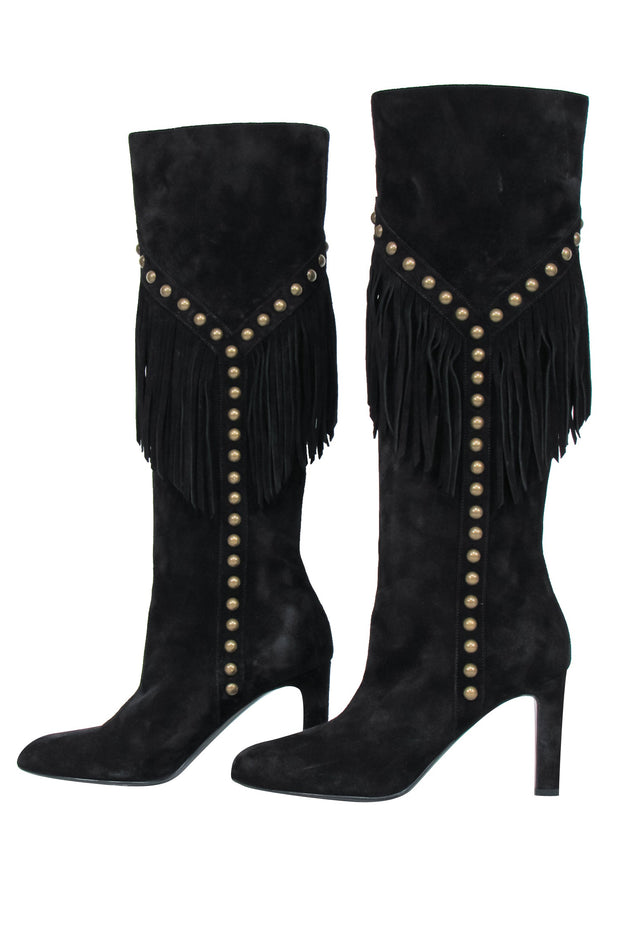 Current Boutique-Saint Laurent - Black Suede Fringe Boots w/ Brass Studs Sz 6.5