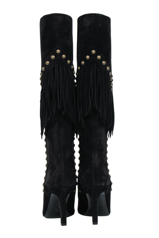 Current Boutique-Saint Laurent - Black Suede Fringe Boots w/ Brass Studs Sz 6.5