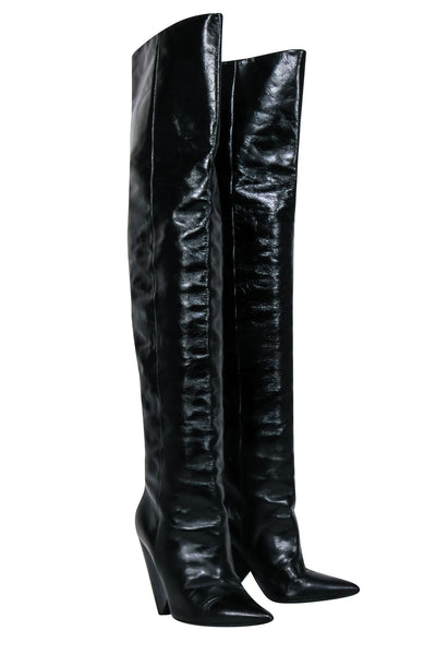 Current Boutique-Saint Laurent - Black Crinkle Leather OTK Boots Sz 8