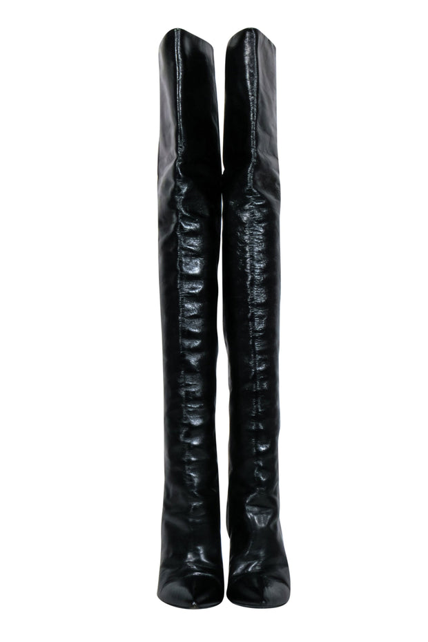 Current Boutique-Saint Laurent - Black Crinkle Leather OTK Boots Sz 8