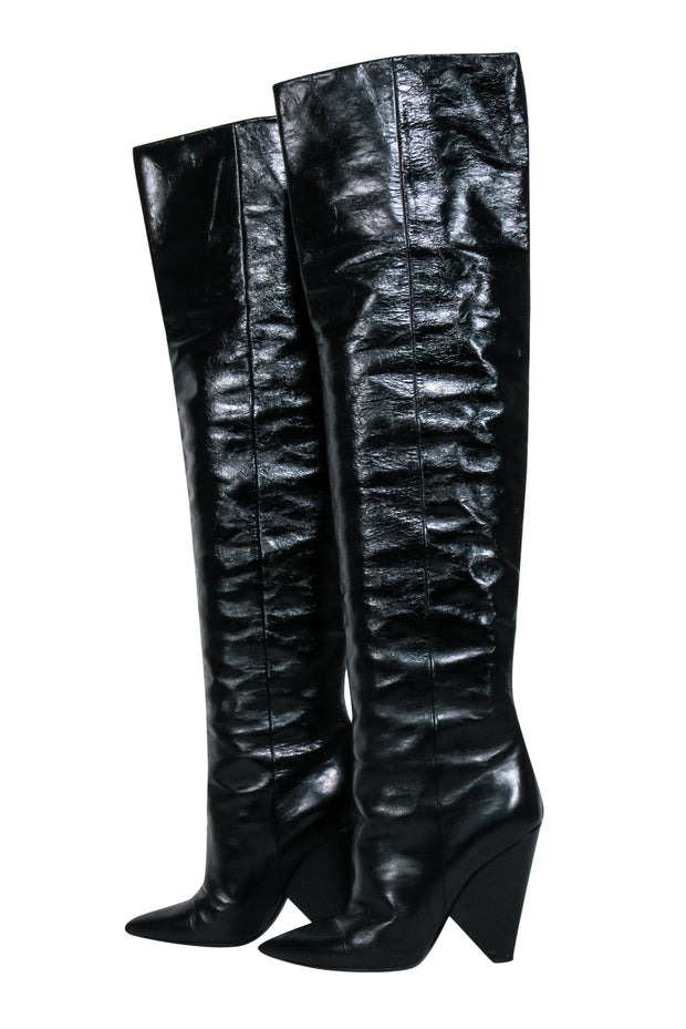 Current Boutique-Saint Laurent - Black Crinkle Leather OTK Boots Sz 8