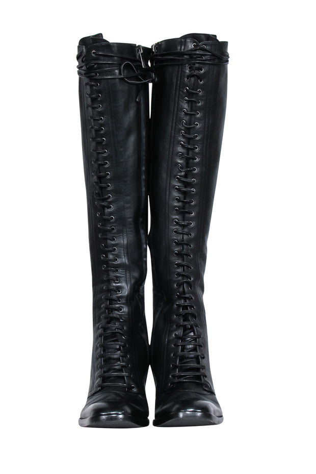 Current Boutique-Yves Saint Laurent - Black Leather Lace-Up Tall Boots Sz 9.5