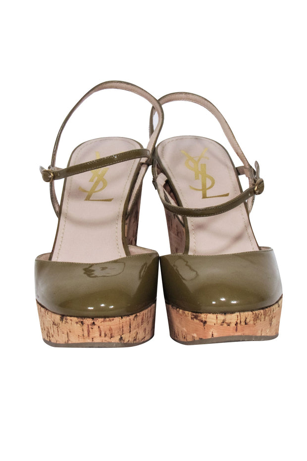 Current Boutique-Yves Saint Laurent - Olive Patent Leather Round Toe Wedges Sz 5