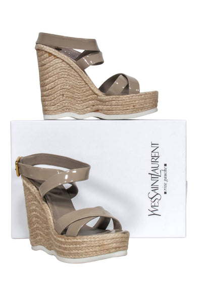 Current Boutique-Yves Saint Laurent - Beige Patent Leather Wedges Sz 7