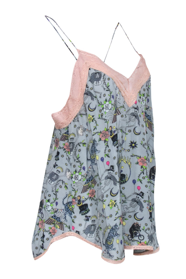 Current Boutique-Zadig & Voltaire - Pale Blue Circus Print Cami w/ Peach Lace Trim Sz M