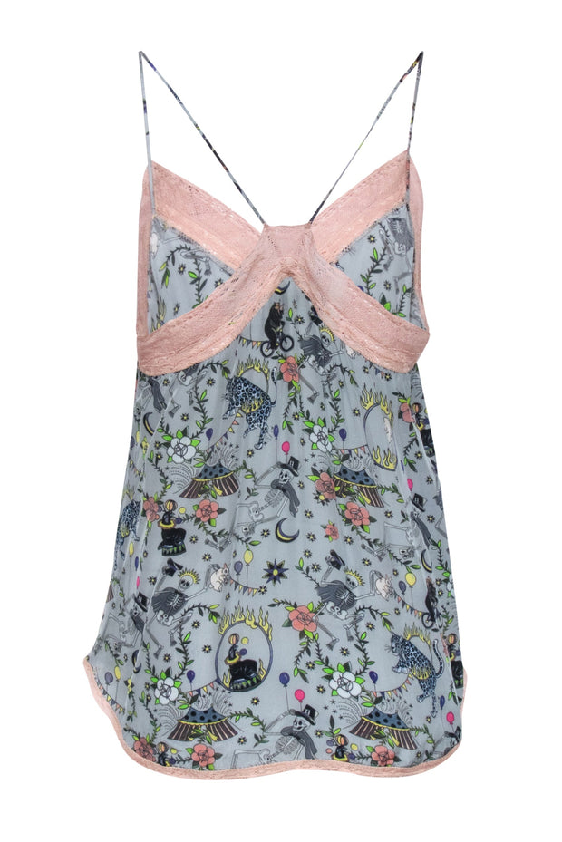 Current Boutique-Zadig & Voltaire - Pale Blue Circus Print Cami w/ Peach Lace Trim Sz M