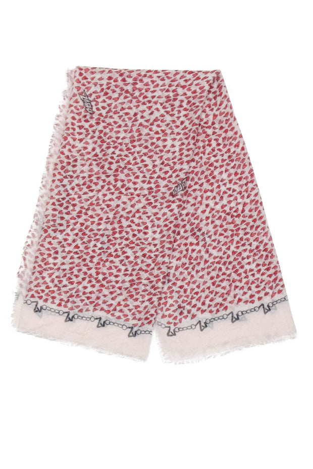 Current Boutique-Zadig & Voltaire - Cream w/ Red Heart Print Frayed Hem Scarf
