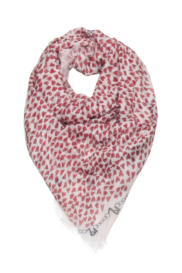 Current Boutique-Zadig & Voltaire - Cream w/ Red Heart Print Frayed Hem Scarf
