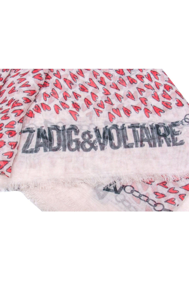 Current Boutique-Zadig & Voltaire - Cream w/ Red Heart Print Frayed Hem Scarf