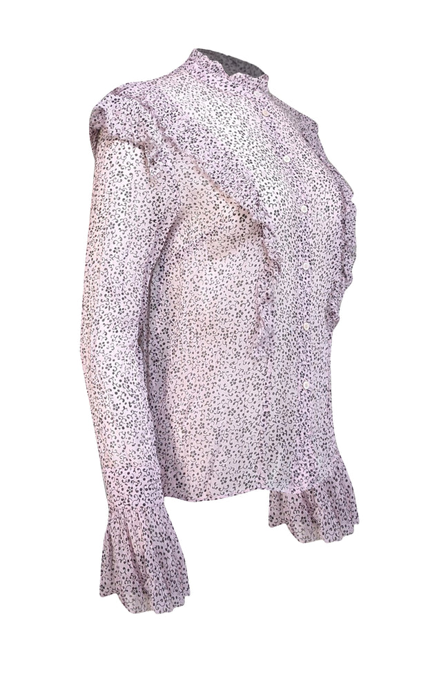 Zadig & Voltaire - Pink & Black Print Semi Sheer Ruffle Trim Top Sz M - Current Boutique