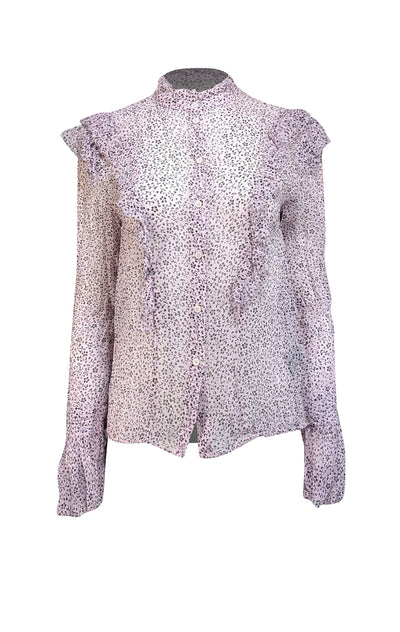 Zadig & Voltaire - Pink & Black Print Semi Sheer Ruffle Trim Top Sz M - Current Boutique