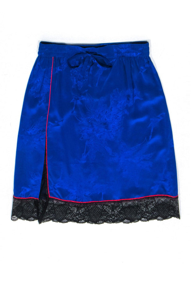 Current Boutique-Zadig & Voltaire - Blue Brocade Drawstring Skirt w/ Black Lace Trim Sz L