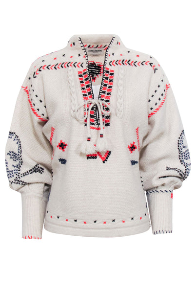 Current Boutique-Zadig & Voltaire - Oatmeal Cashmere & Wool Blend Embroidered "Amanda" Sweater Sz S