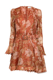 Current Boutique-Zimmermann - Amber, Orange, & Peach Floral Print Dress w/ Beaded Trim Sz 8