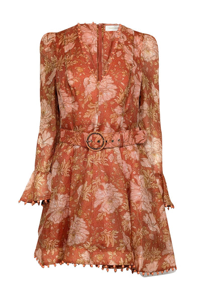 Current Boutique-Zimmermann - Amber, Orange, & Peach Floral Print Dress w/ Beaded Trim Sz 8