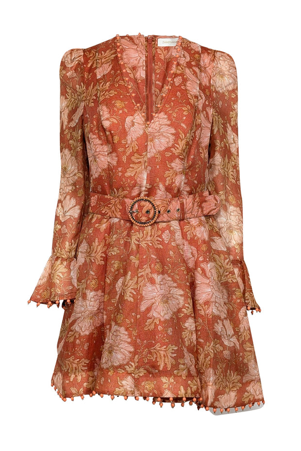 Current Boutique-Zimmermann - Amber, Orange, & Peach Floral Print Dress w/ Beaded Trim Sz 8