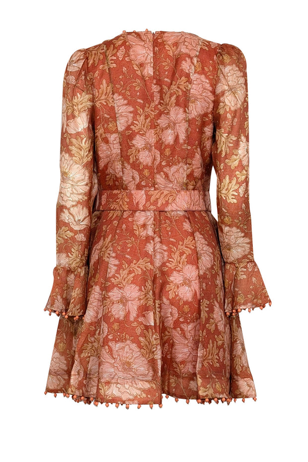 Current Boutique-Zimmermann - Amber, Orange, & Peach Floral Print Dress w/ Beaded Trim Sz 8