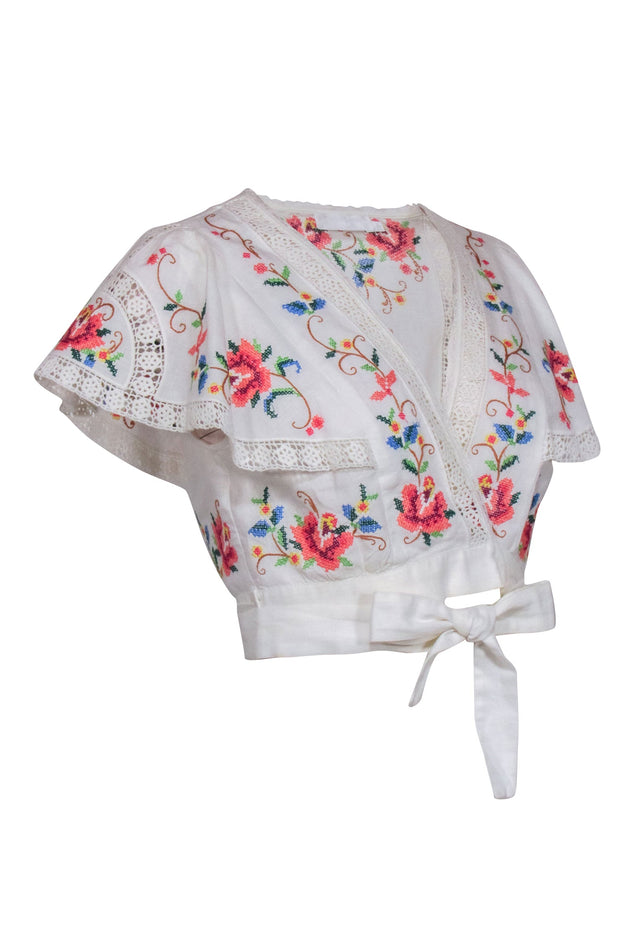 Current Boutique-Zimmermann - White w/ Multi Color Floral Embroidery Short Sleeve Top Sz 8