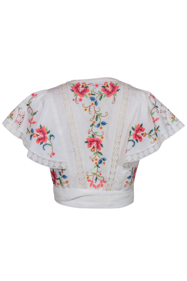 Current Boutique-Zimmermann - White w/ Multi Color Floral Embroidery Short Sleeve Top Sz 8