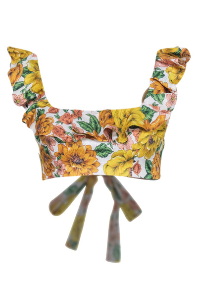 Current Boutique-Zimmerman - White w/ Yellow & Peach Floral Print Linen Crop Top Sz 8
